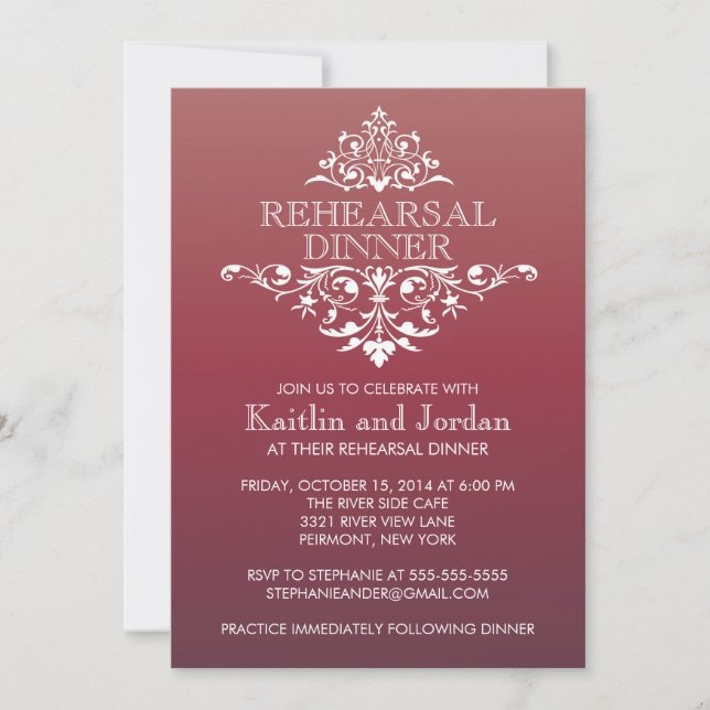 Elegant Vintage Red Flourish Rehearsal Dinner Invitation (Front)