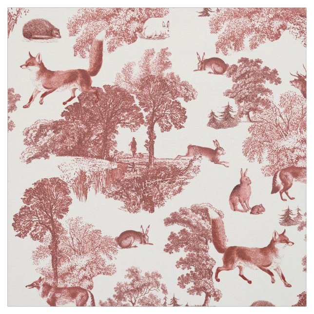 Elegant Vintage Red Fox Rabbit Country Toile  Fabric (Swatch)