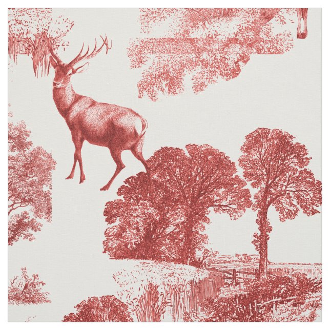 Elegant Vintage Red French Country Toile Deer Fabric (Swatch)