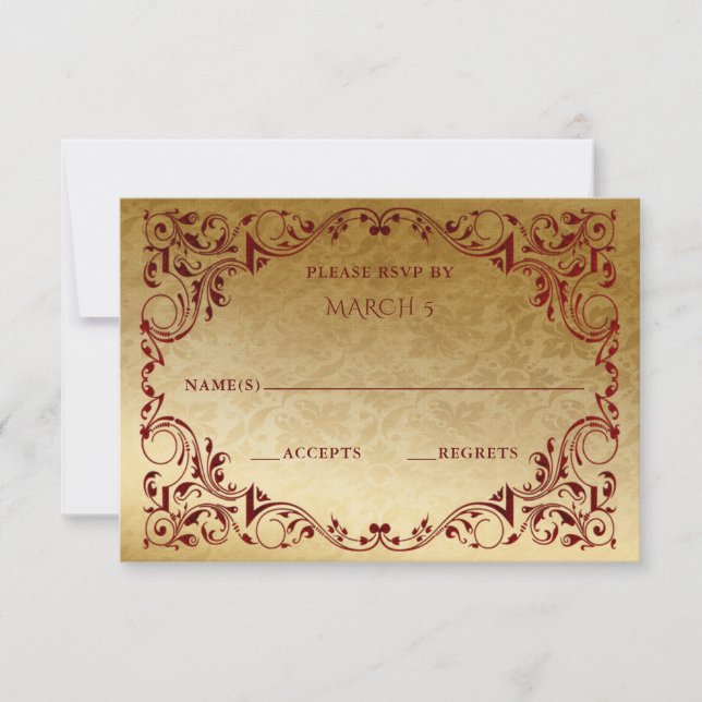 Elegant Vintage Red Gold  RSVP Card (Front)