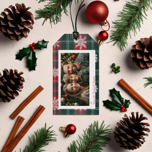Elegant Vintage red & green Snowflakes Photo Gift Tags