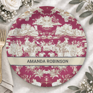 Elegant vintage red lake toile de jouy monogram paper plate