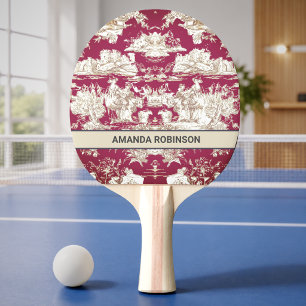 Elegant vintage red lake toile de jouy monogram ping pong paddle