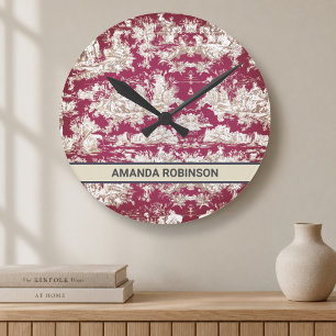 Elegant vintage red lake toile de jouy monogram round clock