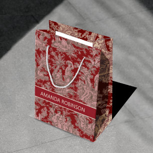 Elegant vintage red pink toile de jouy medium gift bag