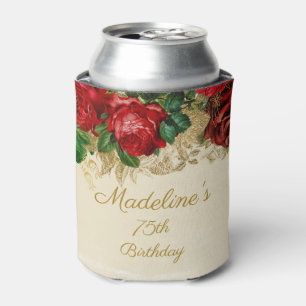 Elegant Vintage Red Rose Tan 75th Any Age Birthday Can Cooler
