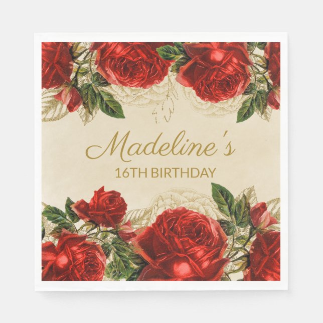 Elegant Vintage Red Roses 16th Birthday Napkin (Front)