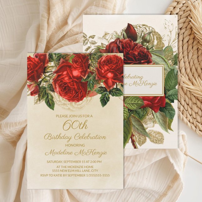 Elegant Vintage Red Roses 60th Birthday Invitation (Elegant red vintage roses on cream 60th birthday invitation)