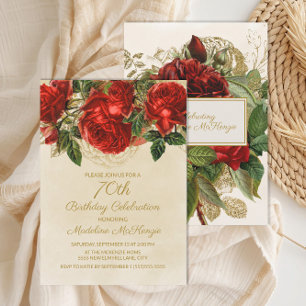 Elegant Vintage Red Roses 70th Birthday Invitation