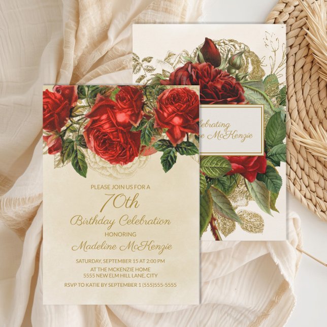Elegant Vintage Red Roses 70th Birthday Invitation (Elegant vintage red roses on cream 70th birthday party invitation)