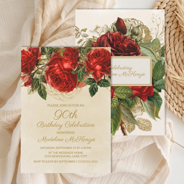 Elegant Vintage Red Roses 90th Birthday Invitation (Elegant red roses 90th birthday invitation)