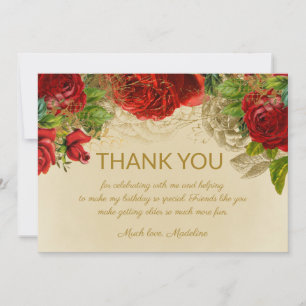Elegant Vintage Red Roses Birthday Thank You Card
