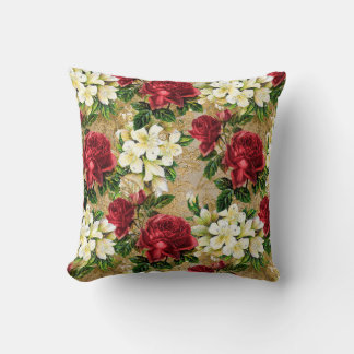 Elegant Vintage Red Roses White Floral Brown Cushion