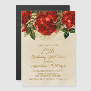 Elegant Vintage Red Roses Women's 75th Birthday Magnetic Invitation