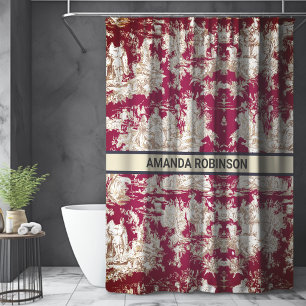 Elegant Vintage Red Toile de Jouy Lake Monogram Shower Curtain