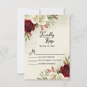 Elegant Vintage Red White Roses Wedding RSVP Card