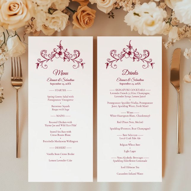 Elegant Vintage Romance Burgundy Food Drinks Menu (Creator Uploaded)