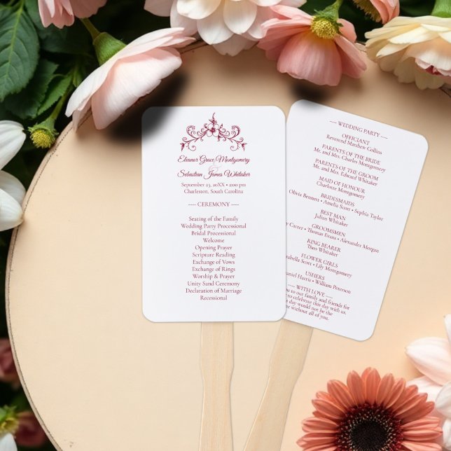 Elegant Vintage Romance Burgundy Wedding Program Hand Fan (Creator Uploaded)