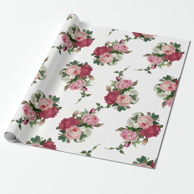 Elegant Vintage Rose Bouquets-White Background Wrapping Paper (Unrolled)