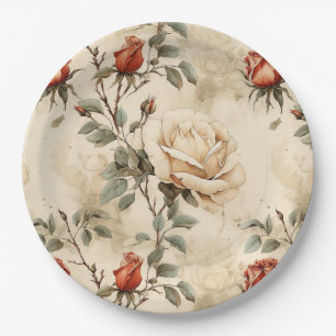 Elegant Vintage Rose Flower Beige Floral Design Paper Plate