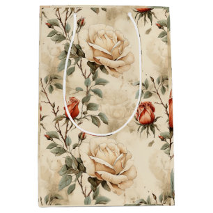 Elegant Vintage Rose Flower Beige Floral  Medium Gift Bag