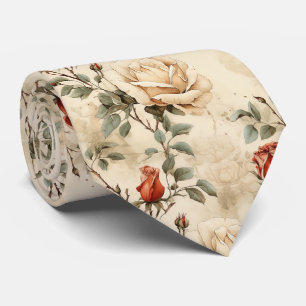 Elegant Vintage Rose Flower Beige Floral  Tie