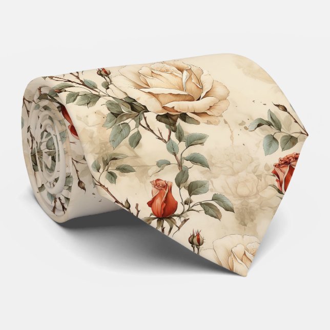 Elegant Vintage Rose Flower Beige Floral  Tie (Rolled)