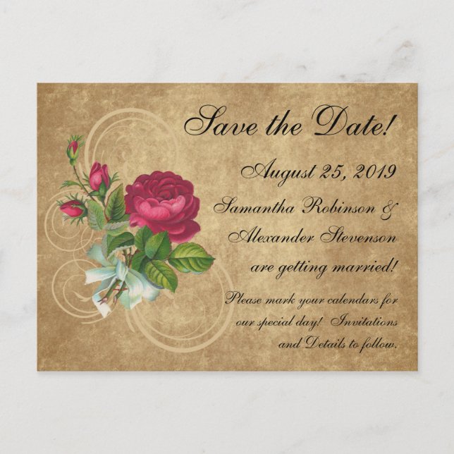 Elegant Vintage Rose, Magenta/Brown Announcement Postcard (Front)