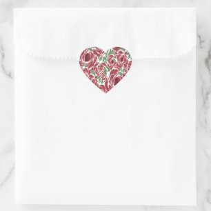 Elegant Vintage Rose Pattern - Red & Green Floral  Heart Sticker