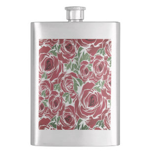 Elegant Vintage Rose Pattern - Red & Green Floral  Hip Flask