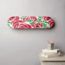 Elegant Vintage Rose Pattern - Red &amp; Green Floral  Skateboard