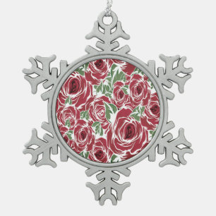 Elegant Vintage Rose Pattern - Red & Green Floral Snowflake Pewter Christmas Ornament