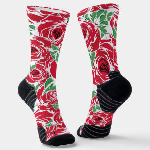 Elegant Vintage Rose Pattern - Red & Green Floral  Socks