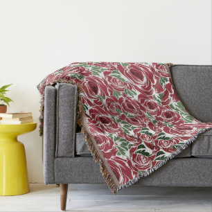 Elegant Vintage Rose Pattern - Red & Green Floral Throw Blanket