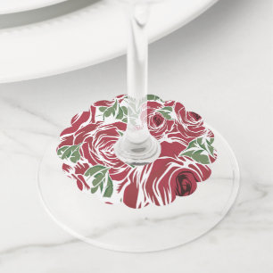 Elegant Vintage Rose Pattern - Red & Green Floral Wine Glass Tag