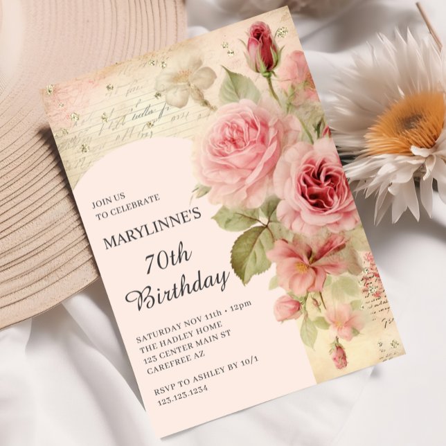 Elegant Vintage Roses 70th Birthday Invitation (Creator Uploaded)