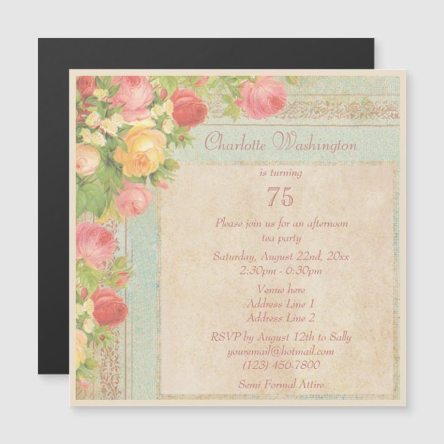 Elegant Vintage Roses 75th Birthday Party Magnetic Invitation (Front/Back)