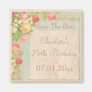 Elegant Vintage Roses 75th Birthday Save The Date Magnet
