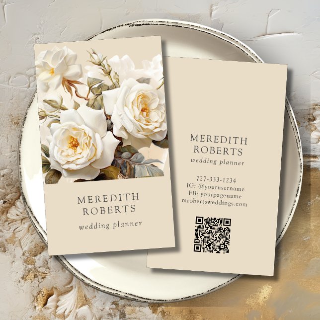 Elegant Vintage Roses Cream Vertical Business Card (Elegant Vintage Roses QR Code Social Media Cream Vertical Business Card)