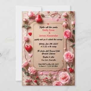 Elegant Vintage Roses &Hearts wedding invitation