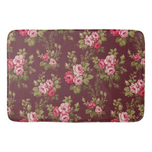 Elegant Vintage Roses on Maroon Background Bath Mat
