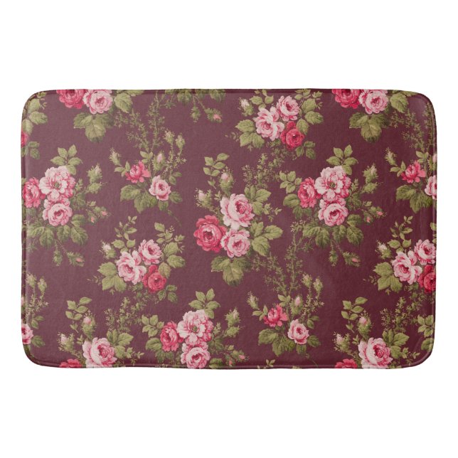Elegant Vintage Roses on Maroon Background Bath Mat (Front)