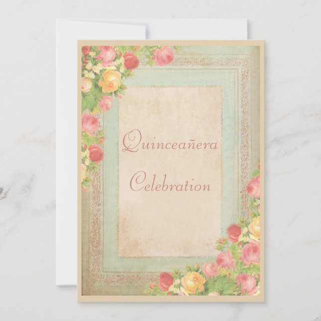 Elegant Vintage Roses Quinceañera Celebration Invitation (Front)