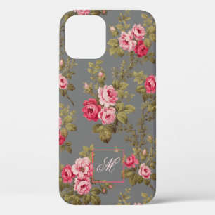 Elegant Vintage Roses w/Monogram-Grey Background iPhone 12 Case