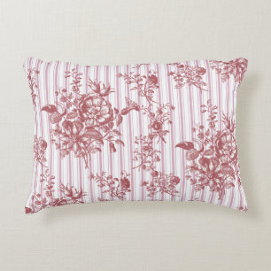 Elegant Vintage Rosy Pink Floral Ticking Stripes Decorative Cushion