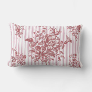 Elegant Vintage Rosy Pink Floral Ticking Stripes Lumbar Cushion