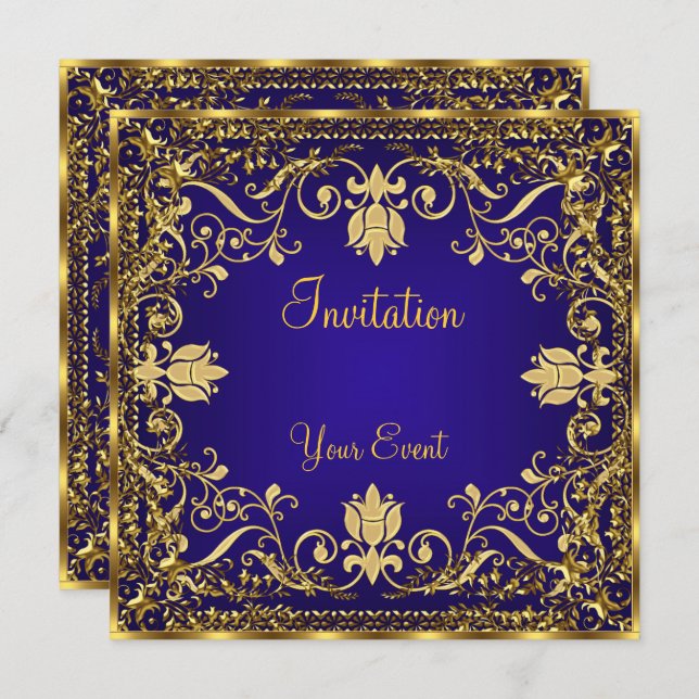 Elegant vintage Royal Blue Gold Invitation (Front/Back)