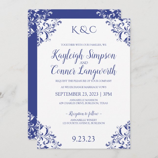 Elegant Vintage Royal Blue Wedding Invitations (Front/Back)