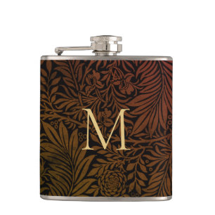 Elegant Vintage Rust Orange Floral Gold Monogram Hip Flask