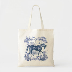 Elegant Vintage Rustic Blue Horse Country Toile Tote Bag